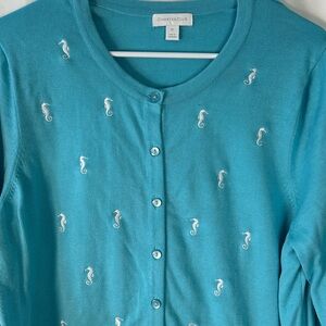 Charter Club Turquoise button up Cardigan White Seahorse Design Women’s Size XL